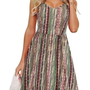 New Women's Spaghetti Strap Dress Empire Waist Pockets Multi Color Stripe Small